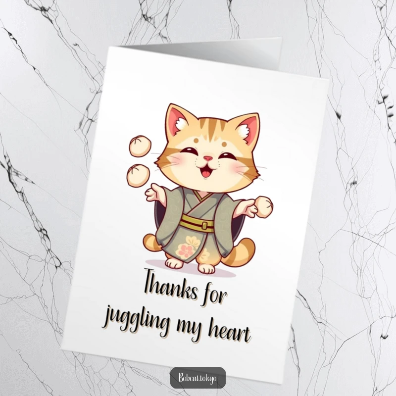 Funny Free Printable Thank You Card: Bobcat wearing an ornate kimono cheerfully juggling three small dumplings with impressive skill.
