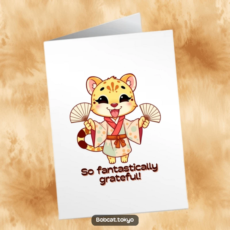 Funny Free Printable Thank You Card: Cheetah Character in Kimono Waving Fans Enthusiastically to Show Gratitude