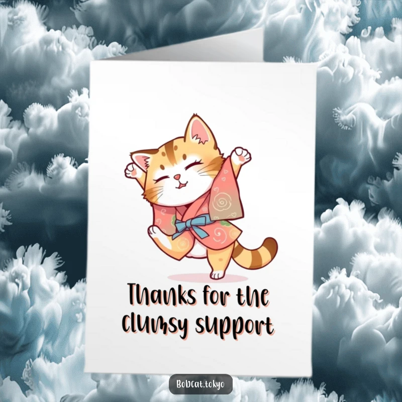 Funny Free Printable Thank You Card: Bobcat in a colorful kimono attempting a clumsy somersault, showing charming ineptitude.