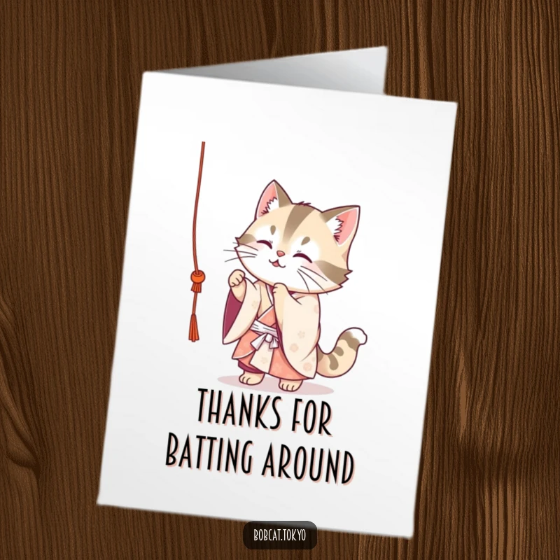 Funny Free Printable Thank You Card: Bobcat in elegant kimono striking a funny, wobbly pose, full of personality.