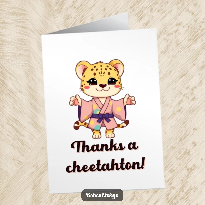 Funny Free Printable Thank You Card: Stylized Cheetah in Kimono Bowing Playfully to Show Gratitude