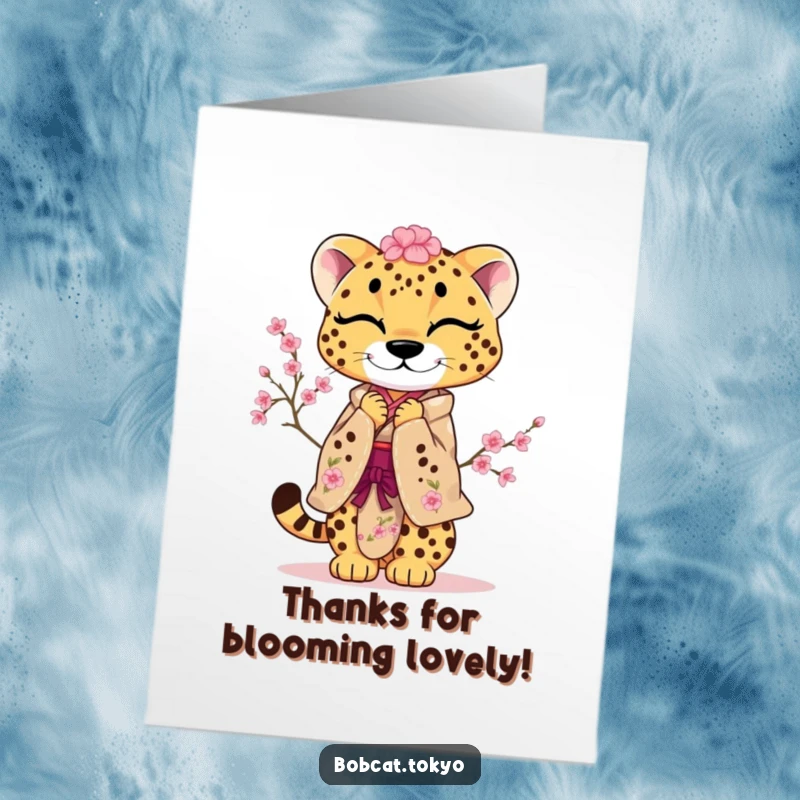 Funny Free Printable Thank You Card: Cheetah in Cherry Blossom Kimono Bowing Playfully to Express Thanks
