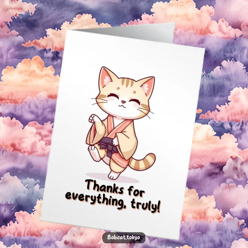 Funny Free Printable Thank You Card: Bobcat in mid-balance on one leg, kimono flowing, with a playful expression.