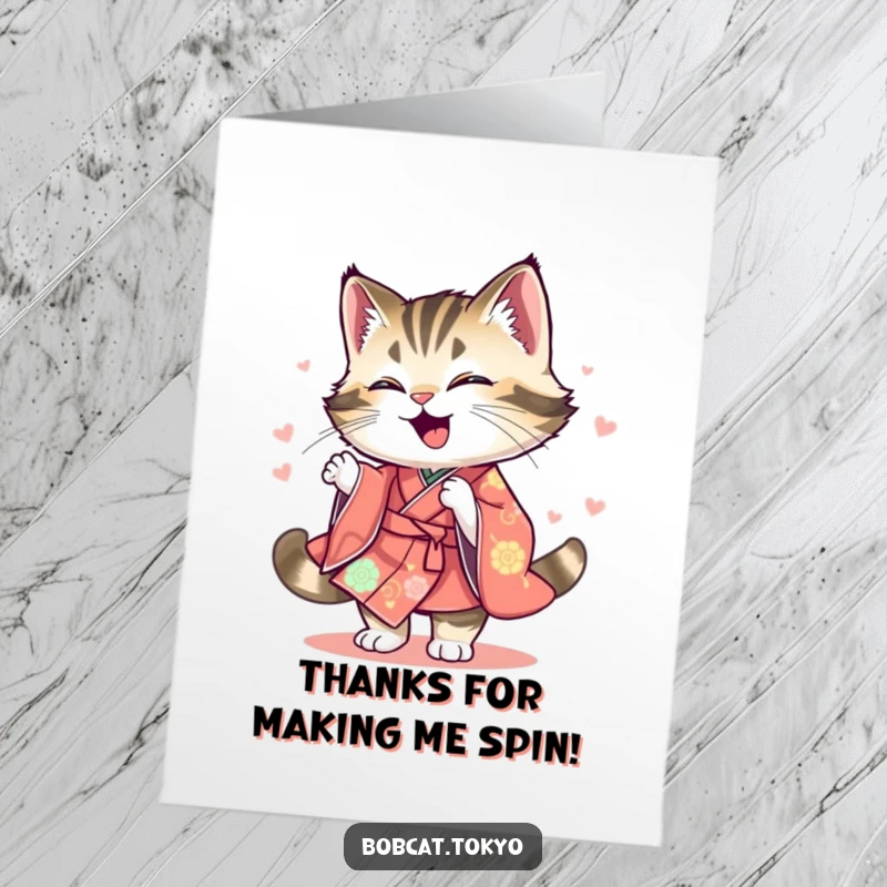 Funny Free Printable Thank You Card: Joyful bobcat spinning rapidly, its kimono a blur of bright colors, sending thanks.