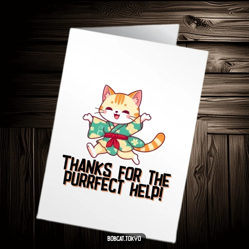 Funny Free Printable Thank You Card: Bobcat wearing a vibrant kimono leaping gracefully, a unique thank you.