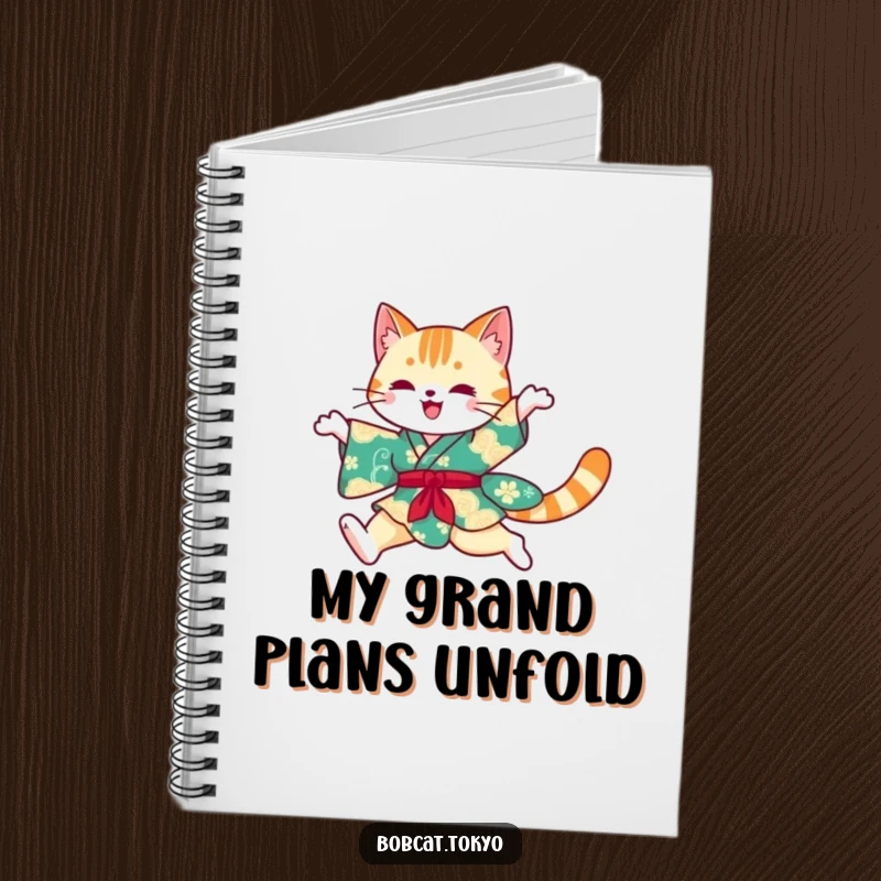 Funny Notebook with a bobcat silhouette leaping in a colorful kimono, ideal for capturing ideas with artistic and humorous flair.