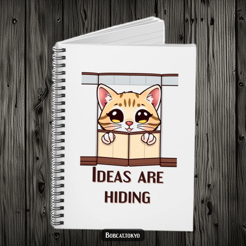 Funny Notebook with a bobcat's excited eyes peeking from behind a folding screen, ideal for capturing ideas with artistic humor.