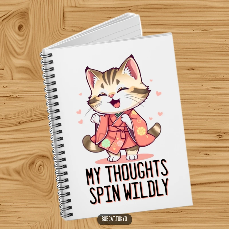 Funny Notebook with a bobcat joyfully spinning, its kimono a colorful blur, ideal for capturing ideas with artistic humor.