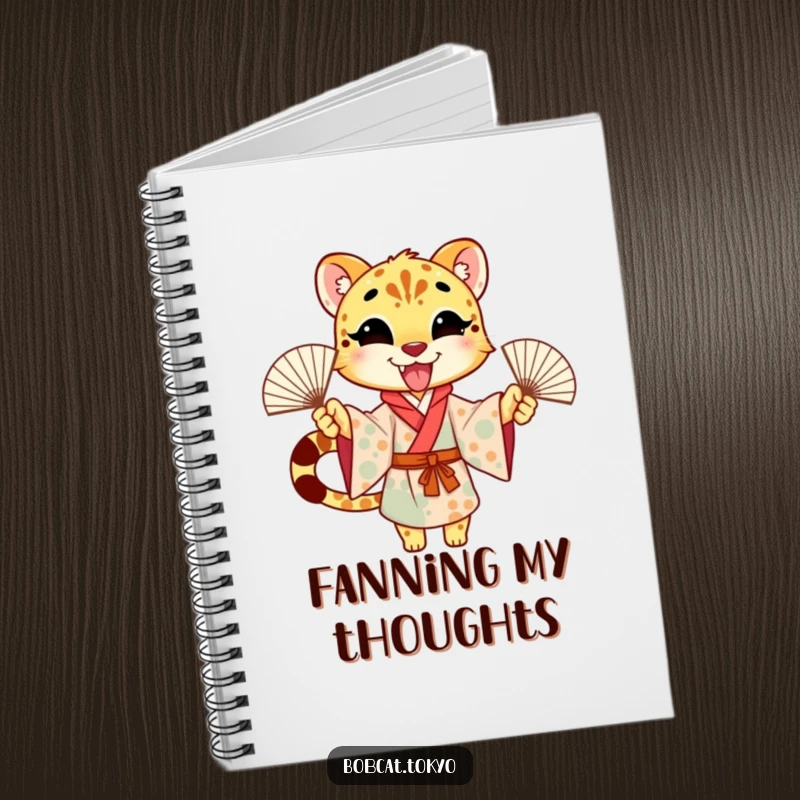 Funny Notebook featuring an excited cheetah character in a kimono, energetically waving fans, great for jotting down ideas.