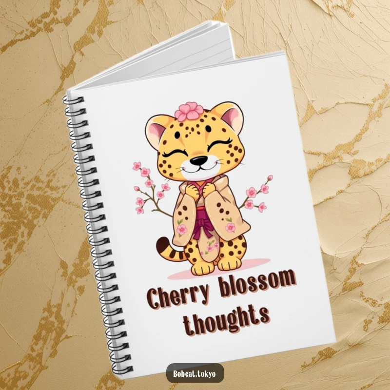 Funny Notebook featuring a cheetah in a kimono adorned with cherry blossoms, performing a gentle, playful bow, ideal for notes.
