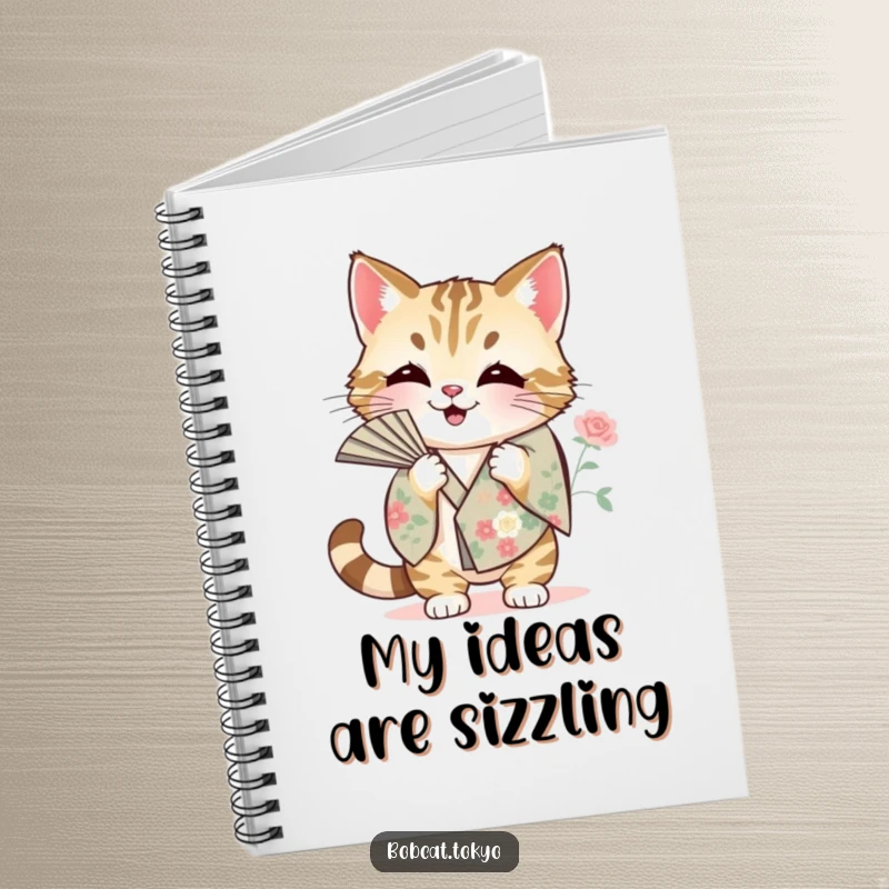 Funny Notebook with a bobcat fanning itself with a floral kimono sleeve, ideal for capturing ideas with artistic humor.