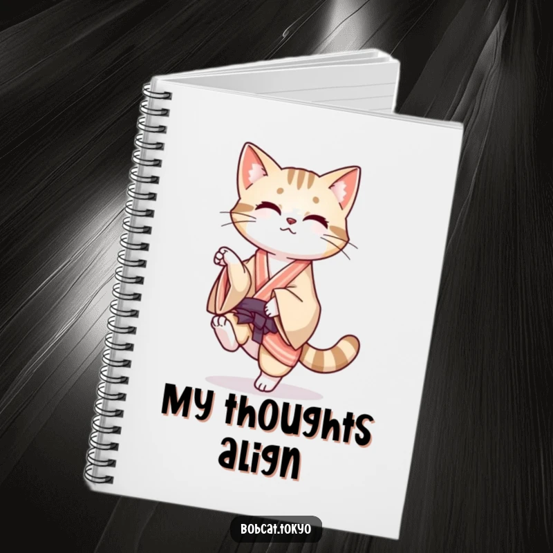Funny Notebook with a bobcat balancing on one leg, its kimono flowing, ideal for capturing ideas with artistic humor.