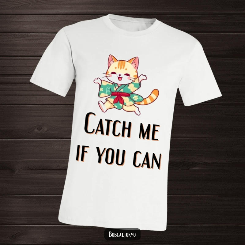 Funny T-Shirt with a bobcat silhouette leaping dynamically in a colorful, flowing kimono, conveying energetic and elegant movement.