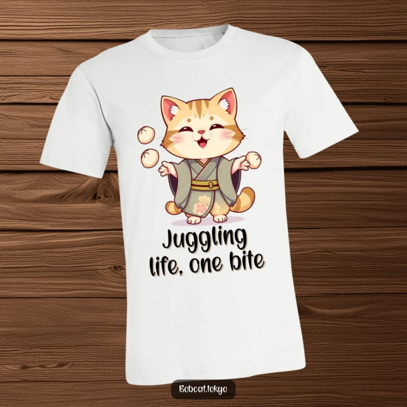 Funny Bobcat T-Shirt: A bobcat in an ornate kimono cheerfully juggling three small dumplings, a vibrant and humorous depiction.