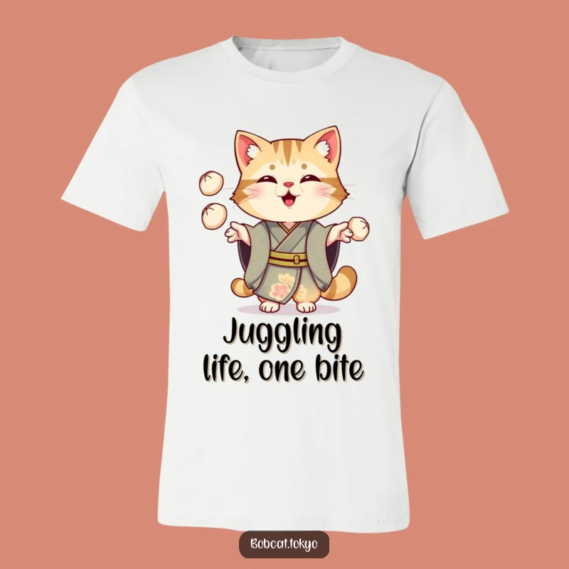 Funny Bobcat Dumpling Juggling T-Shirt: Ornate Kimono Culinary Fun