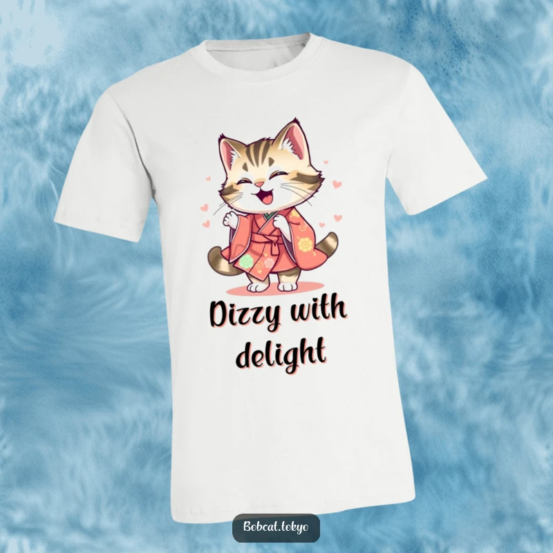 Funny T-Shirt with a bobcat joyfully spinning, its kimono a colorful blur, embodying pure playful energy and movement.