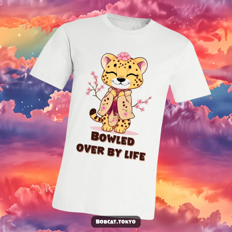 Funny T-Shirt displaying a cheetah in a cherry blossom-adorned kimono, executing a playful, respectful bow.