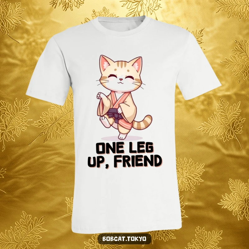 Funny T-Shirt with a bobcat balancing playfully on one leg, its kimono flowing elegantly, embodying grace and humor.
