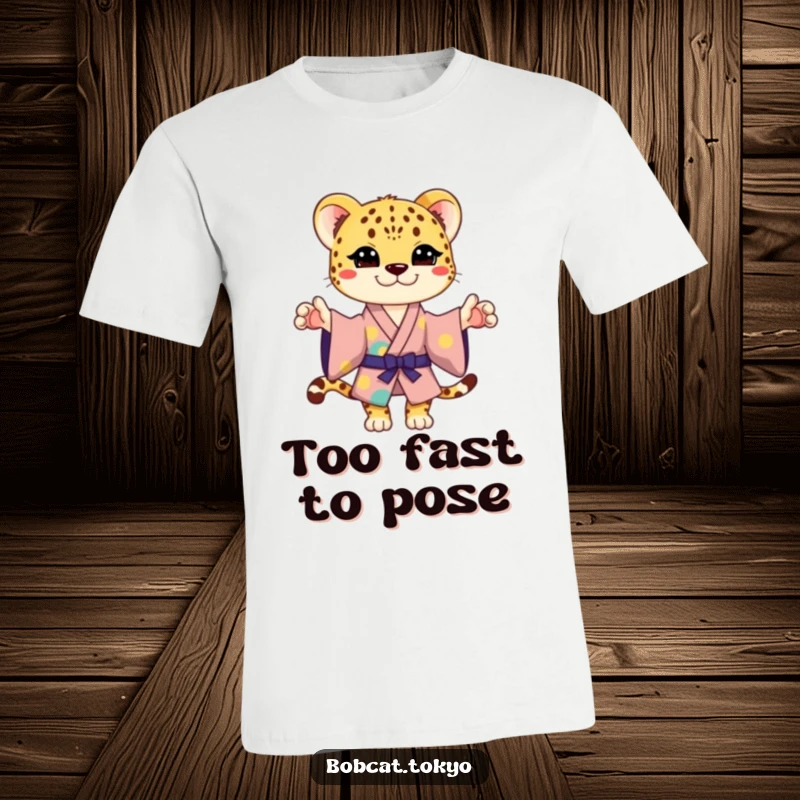 Funny T-Shirt showcasing a stylized cheetah in a vibrant kimono, striking a bold and playful pose with a humorous expression.