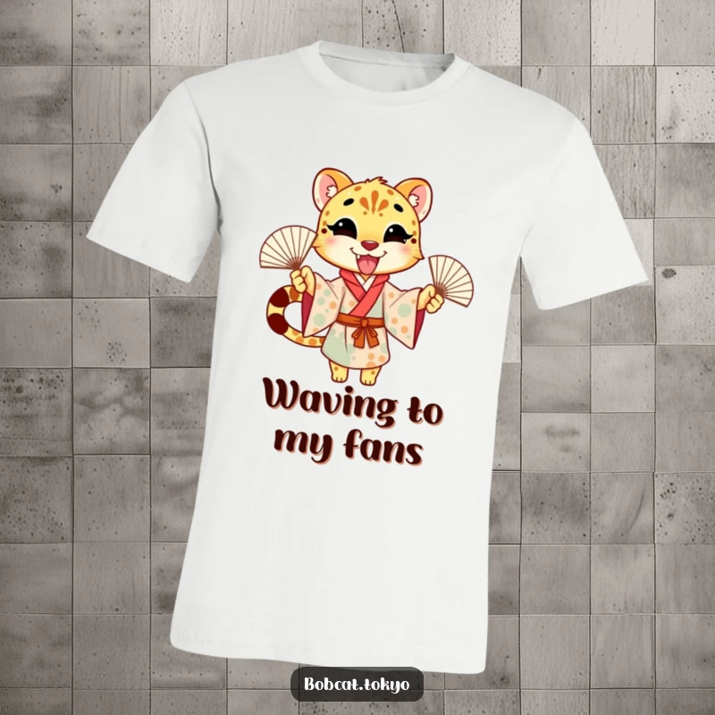 Funny T-Shirt featuring an excited cheetah character in a kimono, joyfully waving fans, perfect for expressing festive cheer.