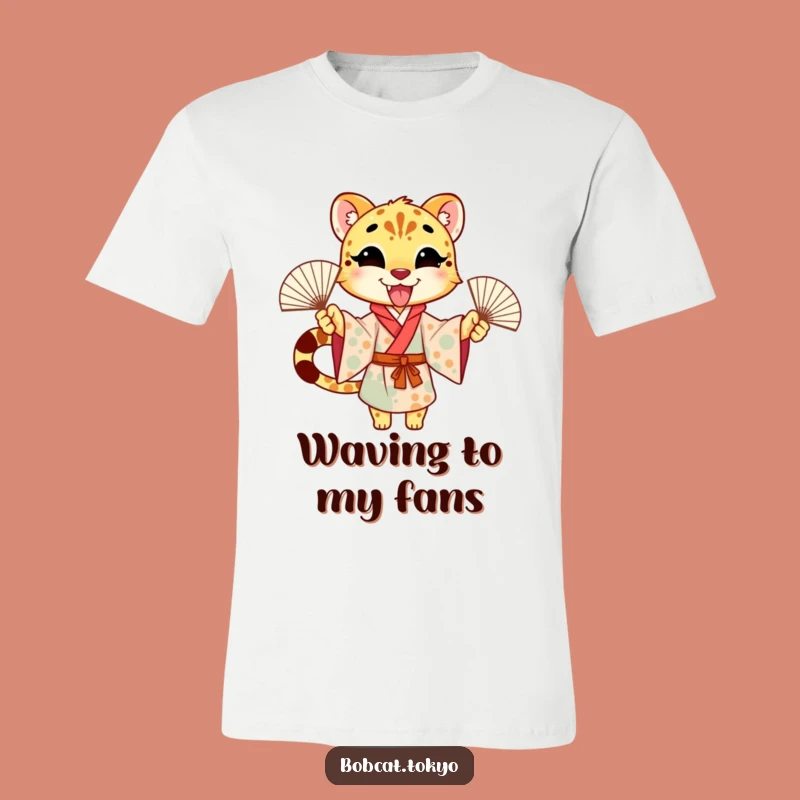 Excited Cheetah Fan Dance T-Shirt: Funny Kimono Character Tee