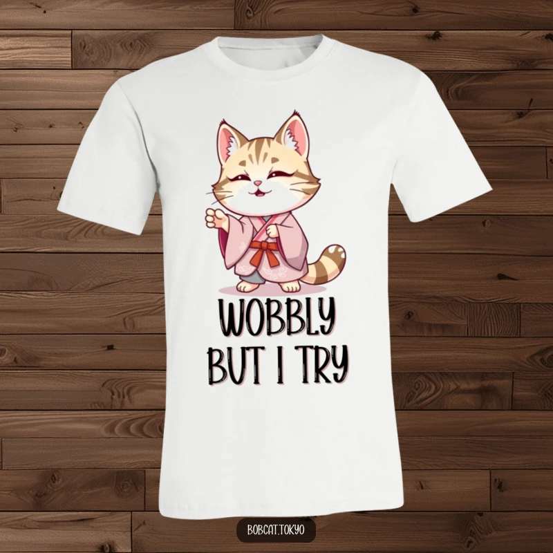 Funny Bobcat T-Shirt: A bobcat in an elegant kimono striking a funny, wobbly pose, a humorous and stylish statement piece.