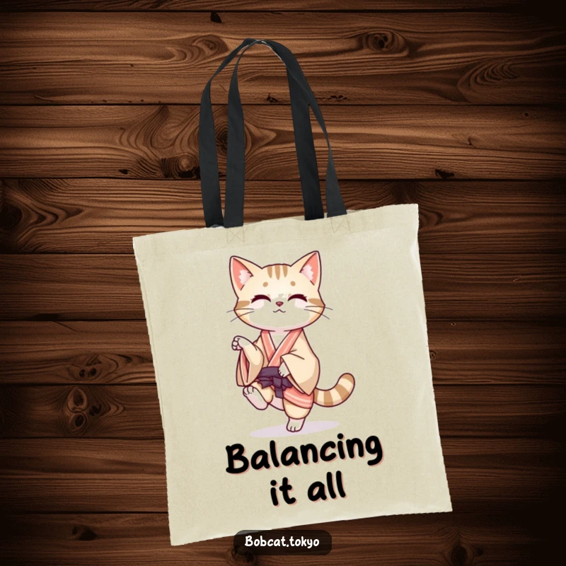 Funny Tote Bag with a bobcat balancing on one leg, its kimono flowing, perfect for stylish, humorous everyday carry.