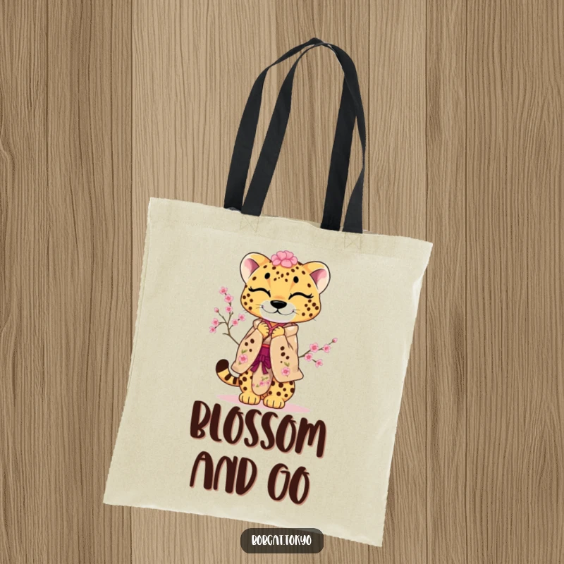 Funny Tote Bag showcasing a cheetah in a cherry blossom kimono, performing a playful, courteous bow, perfect for everyday use.