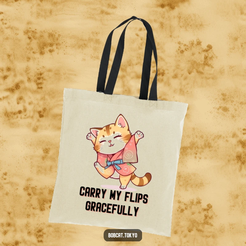 Funny Bobcat Tote Bag: A bobcat in a colorful kimono attempting a clumsy somersault, a humorous and practical accessory.