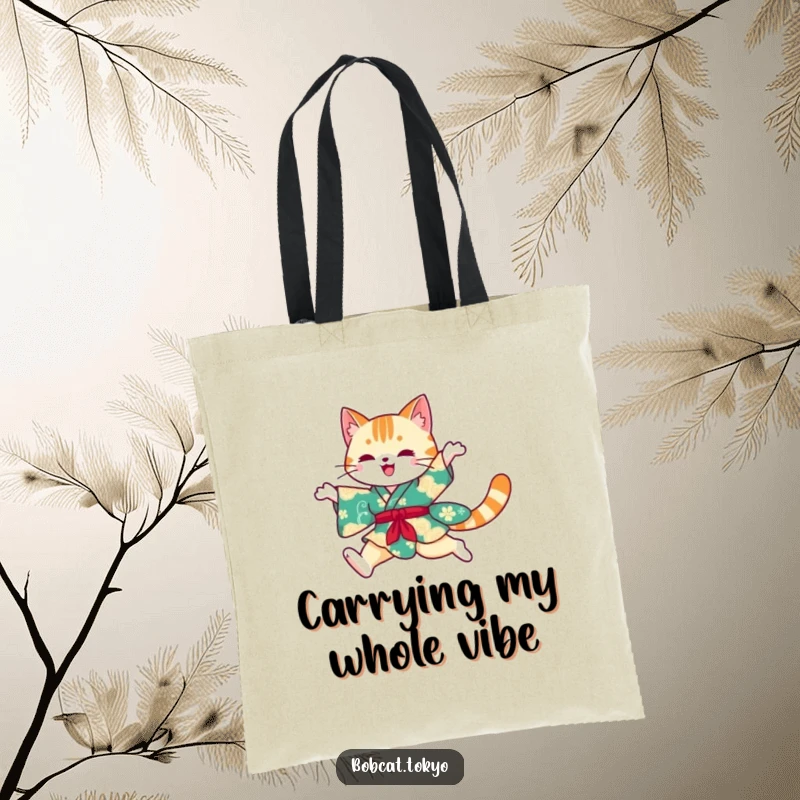 Funny Tote Bag depicting a bobcat silhouette leaping in a vibrant, flowing kimono, ideal for stylish, humorous everyday carry.