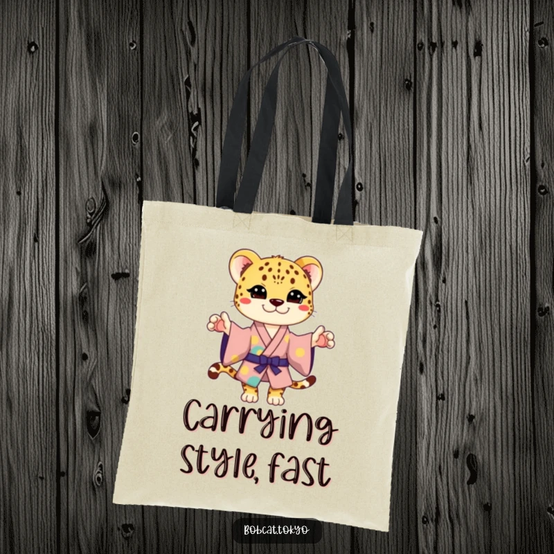 Funny Tote Bag with a stylized cheetah in a vibrant kimono, striking a playful pose, ideal for shopping and daily use.