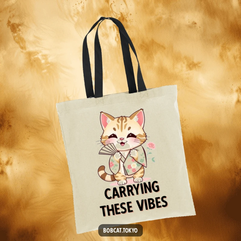 Funny Tote Bag with a bobcat fanning itself using a floral kimono sleeve, perfect for stylish, humorous everyday carry.