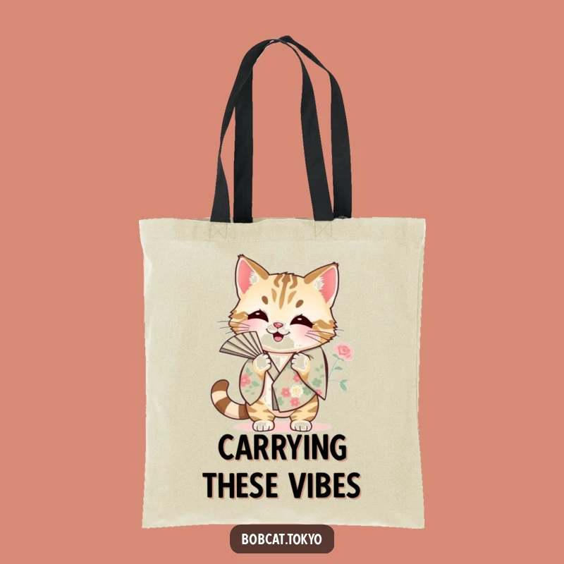 Funny Bobcat Fanning Tote Bag: Chic Heat Relief, Floral Kimono Style, Perfect Funny Gift