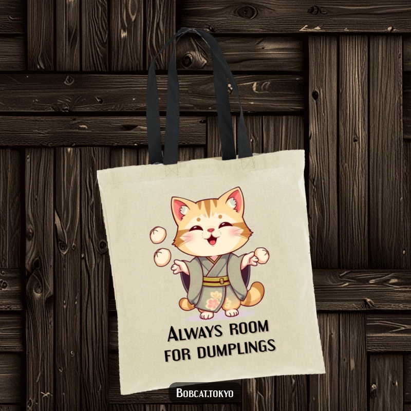 Funny Bobcat Tote Bag: A bobcat in an ornate kimono cheerfully juggling three small dumplings, perfect for a foodie’s stylish tote.