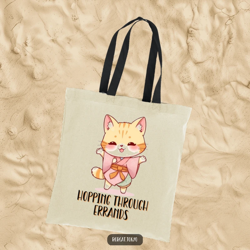 Funny Bobcat Tote Bag: A bobcat garbed in a traditional kimono doing a silly hop, a humorous and practical accessory.