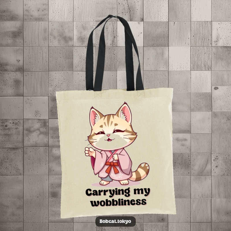 Funny Bobcat Tote Bag: A bobcat in an elegant kimono striking a funny, wobbly pose, a humorous and practical accessory.