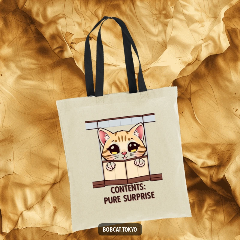 Funny Tote Bag with a bobcat's wide, excited eyes peeking from behind a folding screen, perfect for stylish, humorous carry.