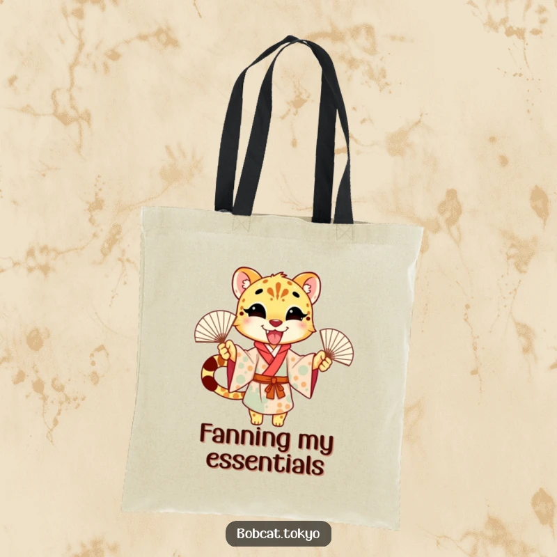 Funny Tote Bag showcasing an excited cheetah character in a kimono, energetically waving fans, perfect for stylish and fun carrying.